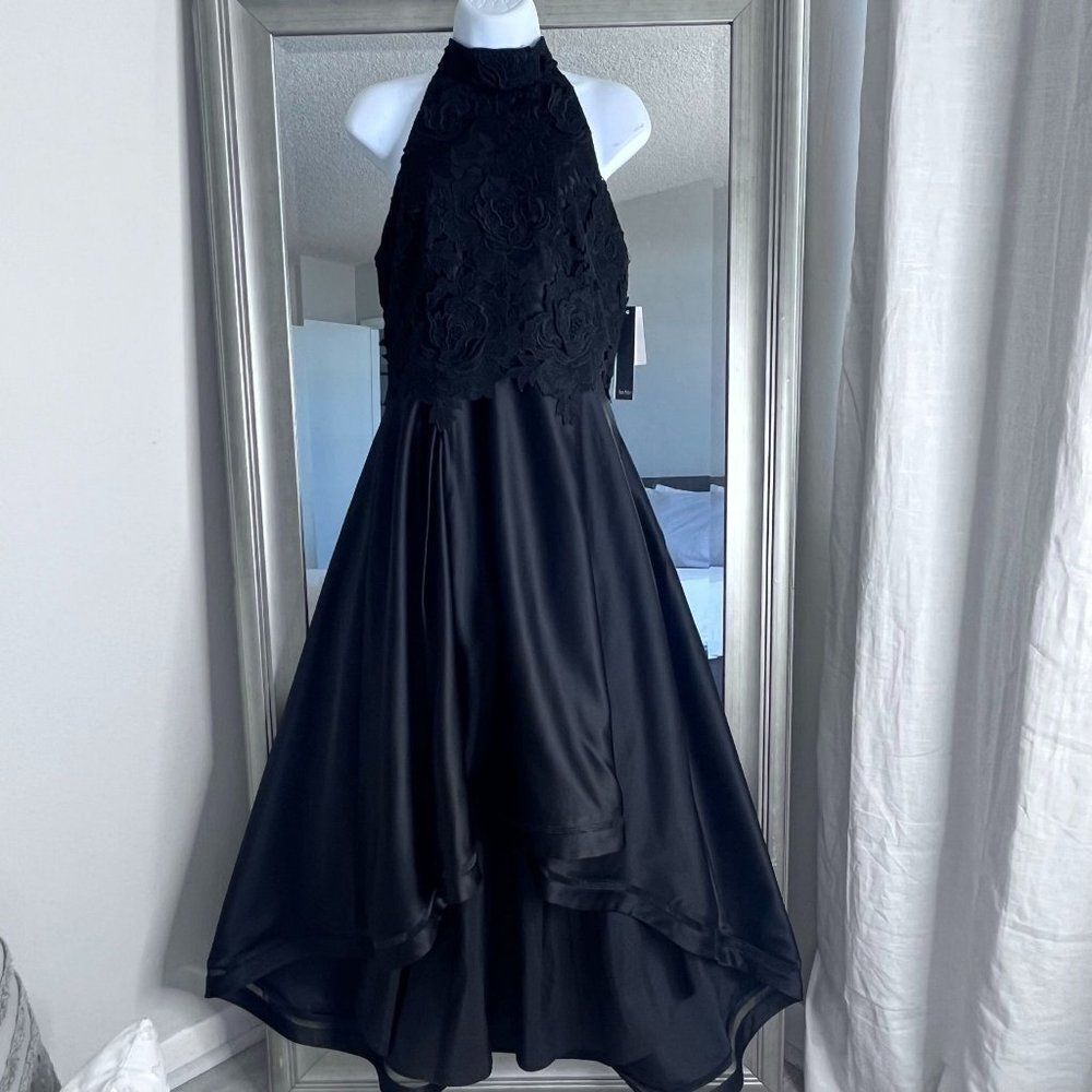 NICOLE MILLER NEW YORK High-Low Black Lace And Satin Dress 8
